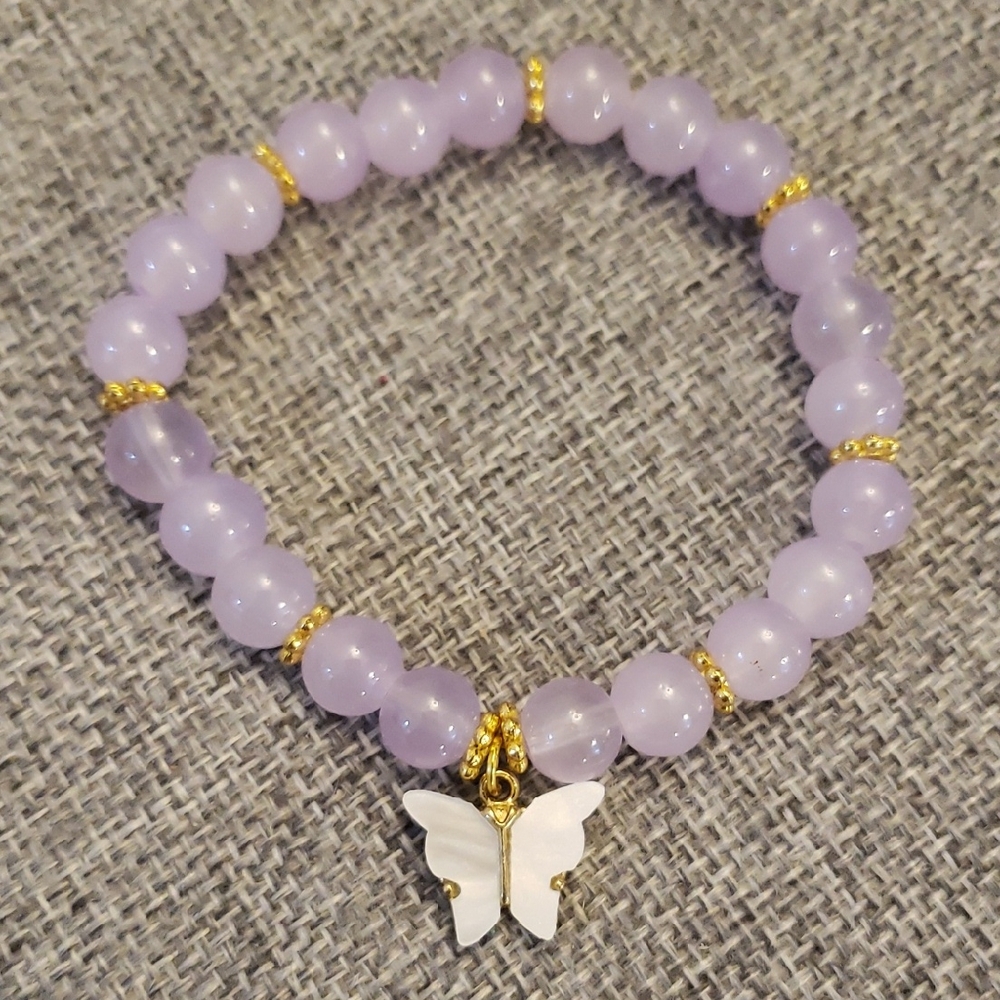 Lavender Beaded Stretch Bracelet with Butterfly Accent